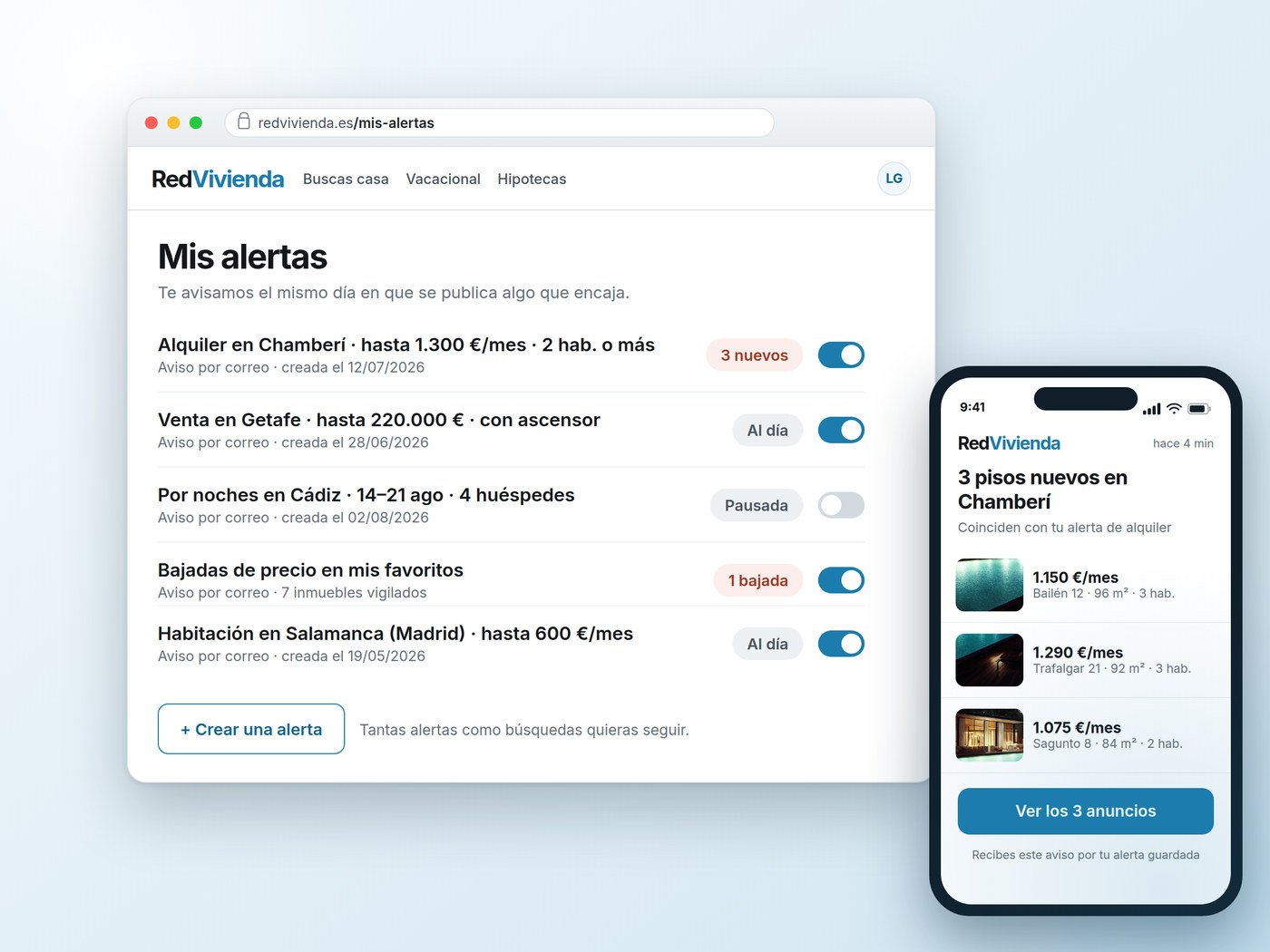 Listado de alertas guardadas y el aviso de tres pisos nuevos recibido en el móvil