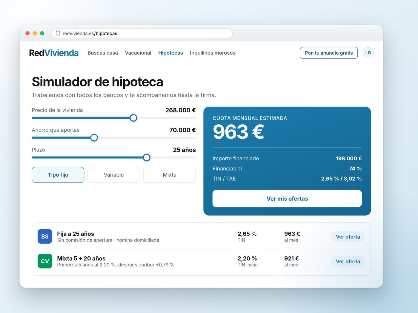 Simulador de hipoteca con la cuota mensual estimada y las ofertas de varios bancos