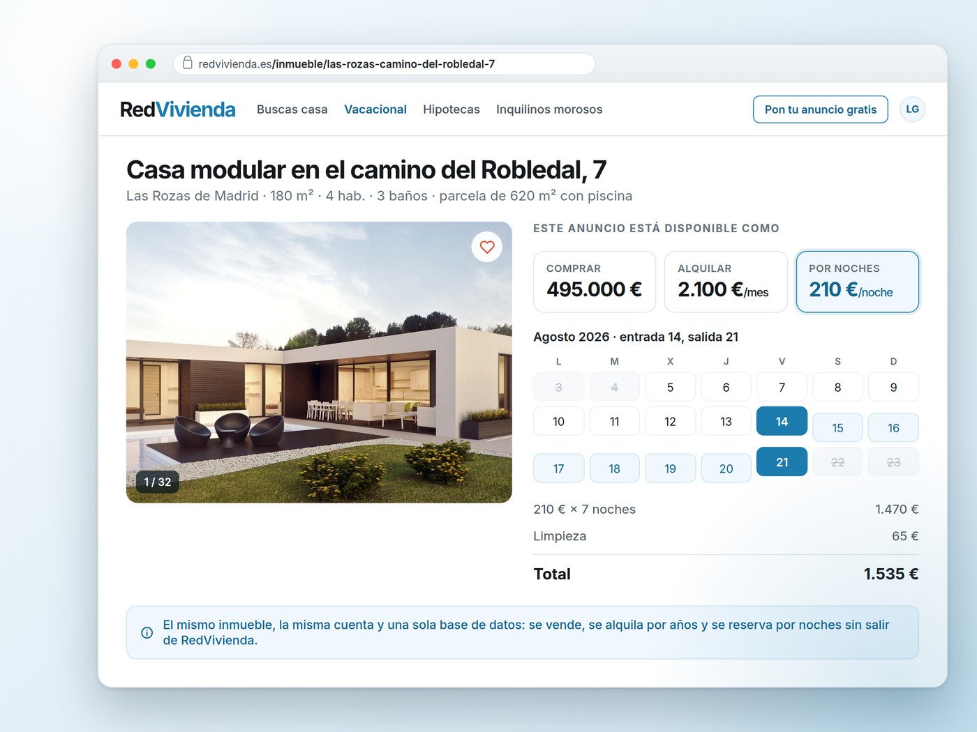 Ficha de una casa disponible a la vez en venta, en alquiler por meses y por noches, con su calendario de reservas